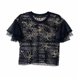 MAG Black Spider Lace Mesh Top Sheer Flutter Sleeve Boxy S/M